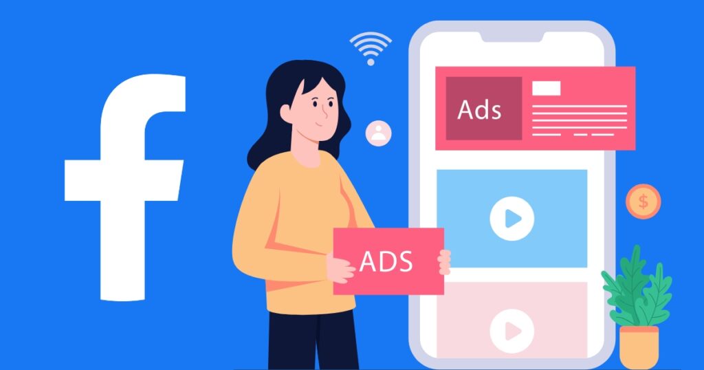 Facebook icon and blue background with a simple design of a person looking at facebook ads